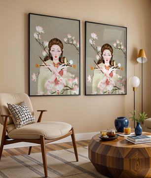 Femme élégante avec des outils de maquillage parmi des branches de magnolia en fleurs