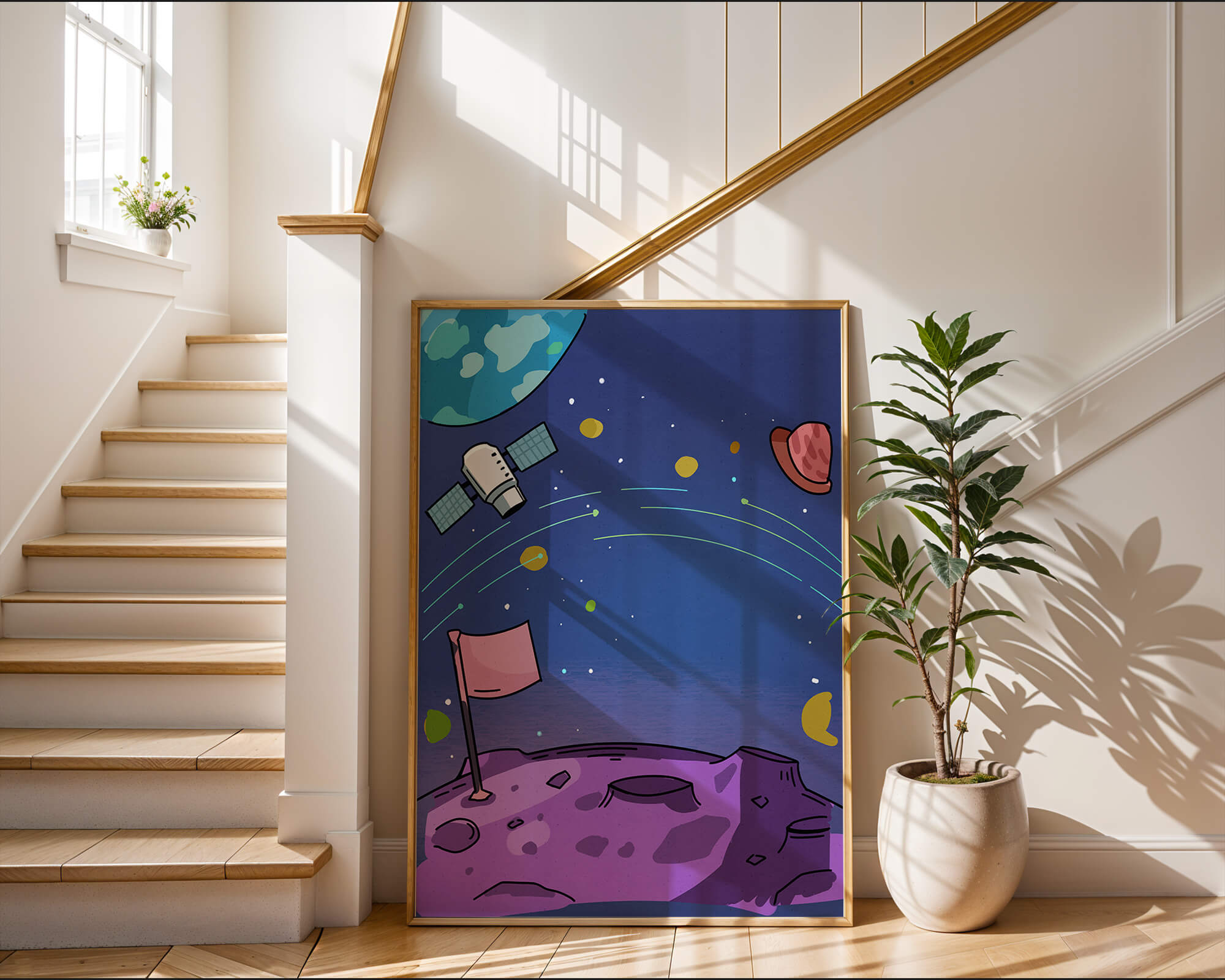 Illustration of outer space scene with planets and satellite