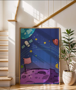 Illustration of outer space scene with planets and satellite