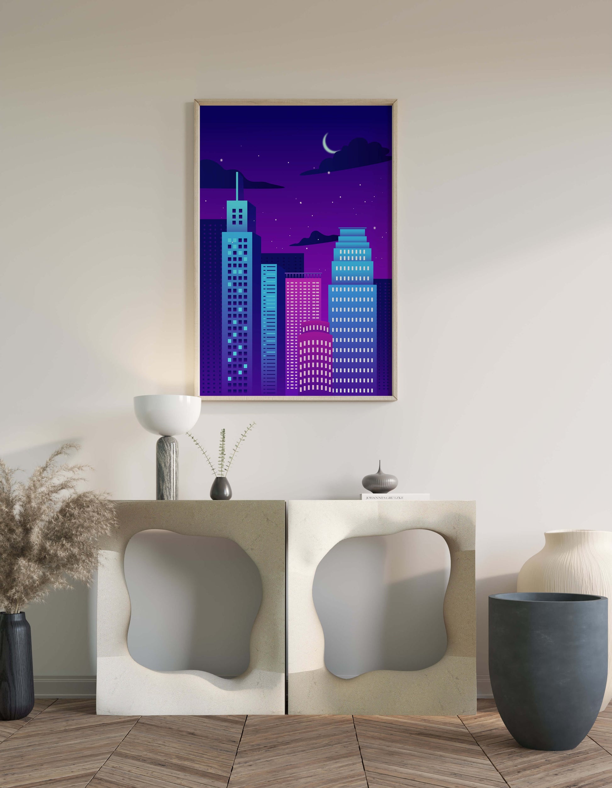 Vibrant city skyline at night with modern skyscrapers and starry sky