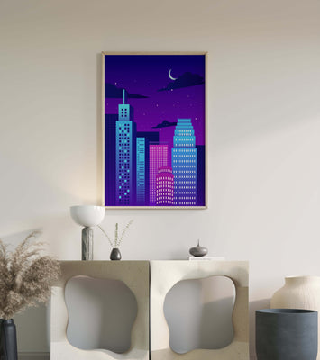 Vibrant city skyline at night with modern skyscrapers and starry sky