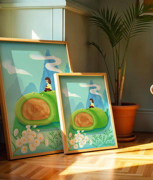 Serene Landscape with Child Sitting on Giant Leaf in Mountainous Fantasy Setting