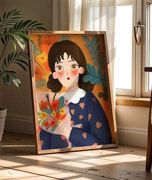 Ilustración encantadora de una chica con flores y corazones