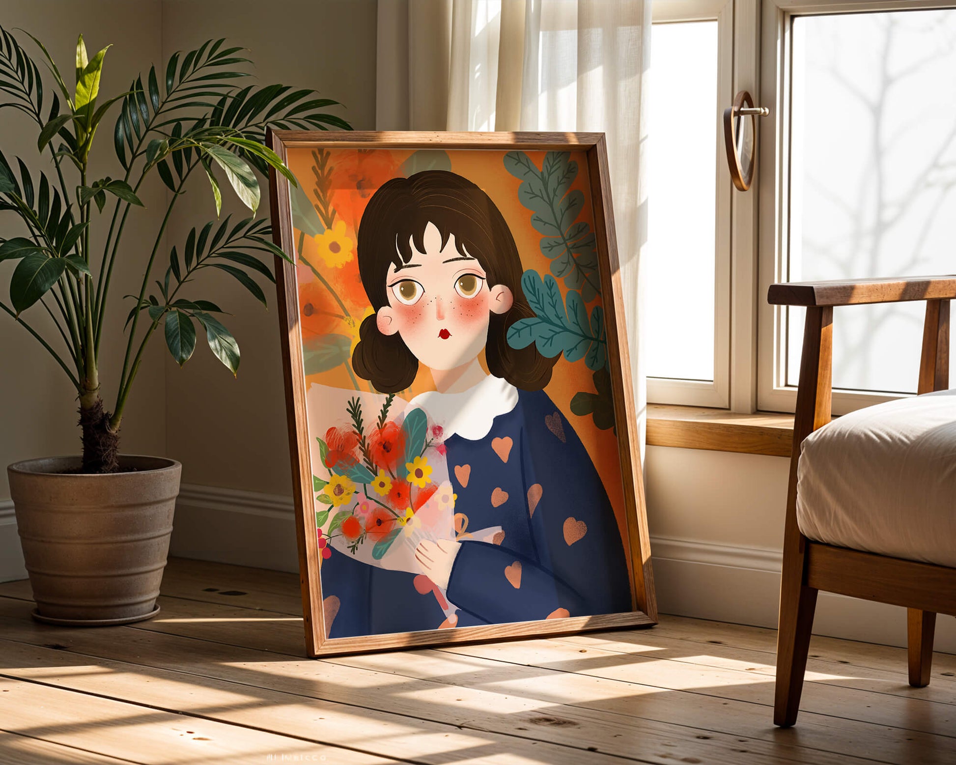 Ilustración encantadora de una chica con flores y corazones