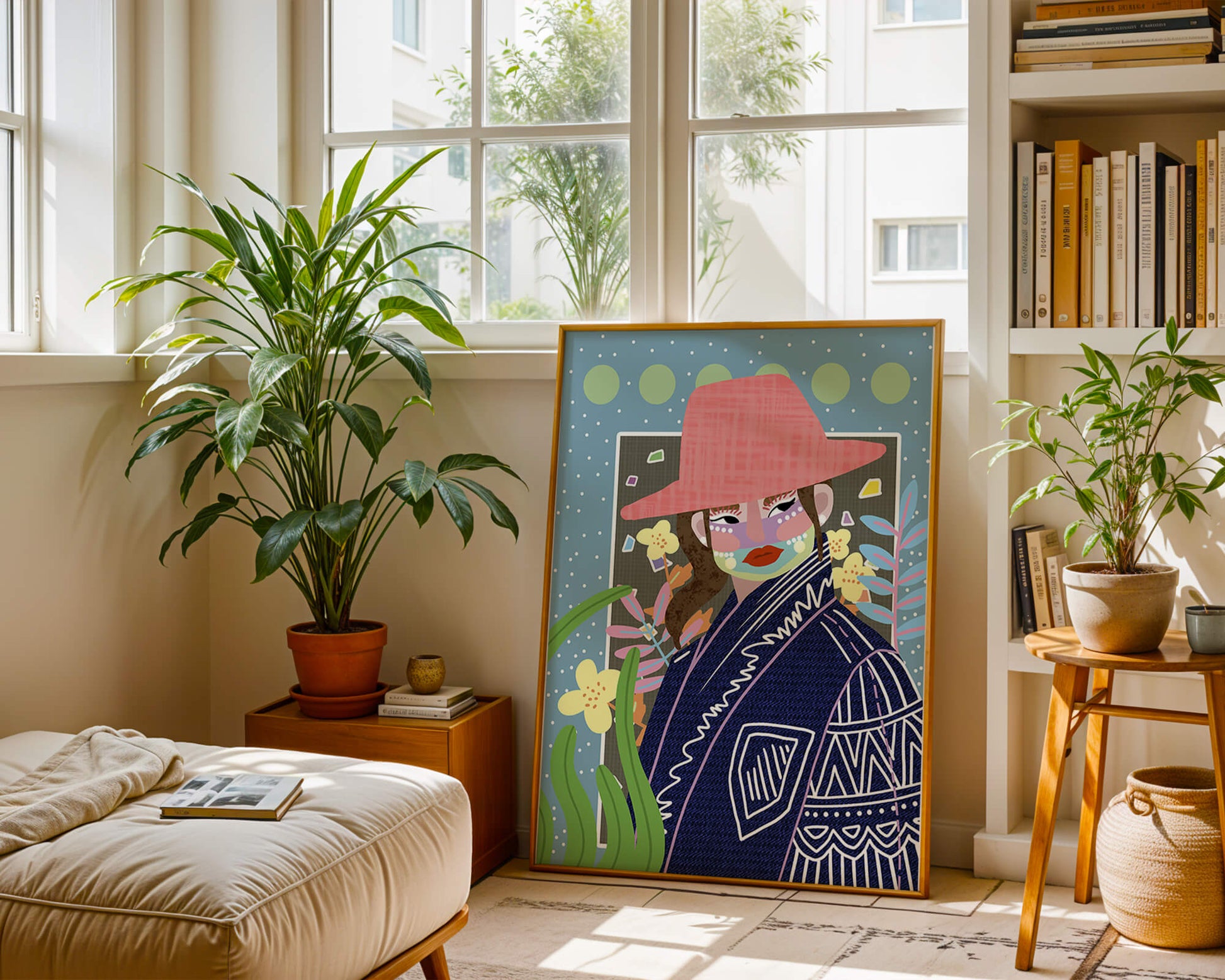 Retrato colorido con patrones y elementos abstractos