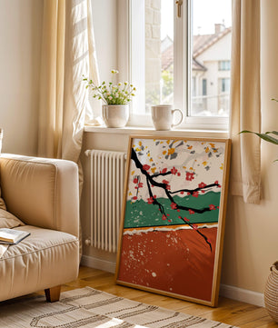 Artistic depiction of blossom branches with gold elements and abstract background