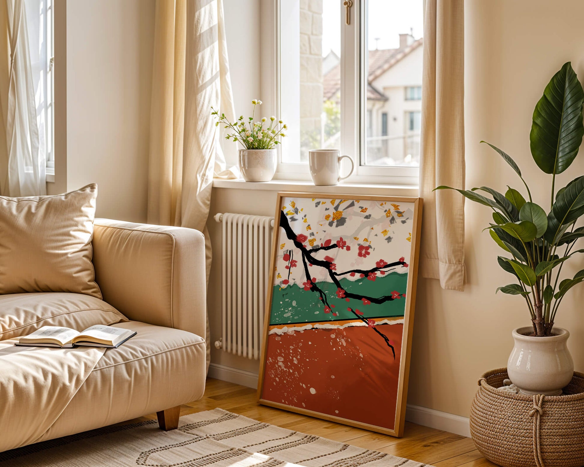 Artistic depiction of blossom branches with gold elements and abstract background