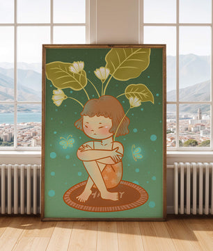 Ilustración de un niño con tocado floral y mariposas