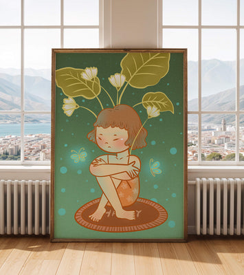 Child with floral headpiece and butterflies illustration