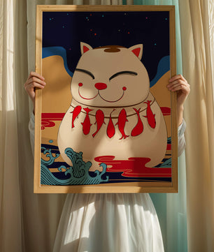 Japanese Lucky Cat with Fish Design in a Surreal Landscape