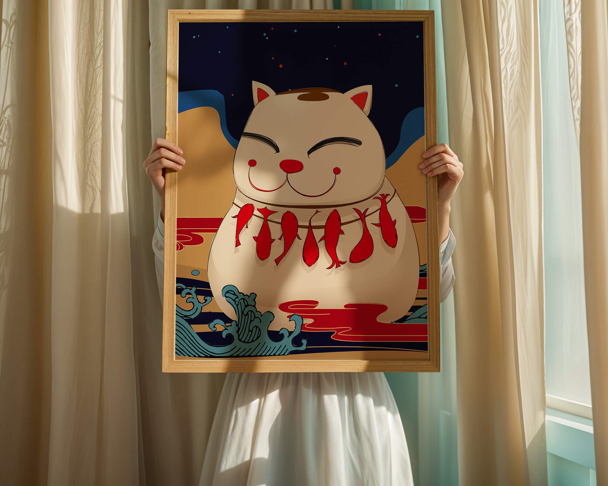 Japanese Lucky Cat with Fish Design in a Surreal Landscape