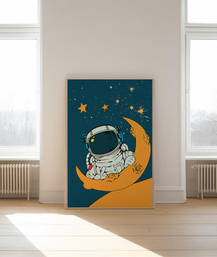 Charming Astronaut Sitting on a Crescent Moon with Stars in Space - Mi tienda