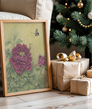 Delicate peonies with butterflies in a serene natural setting