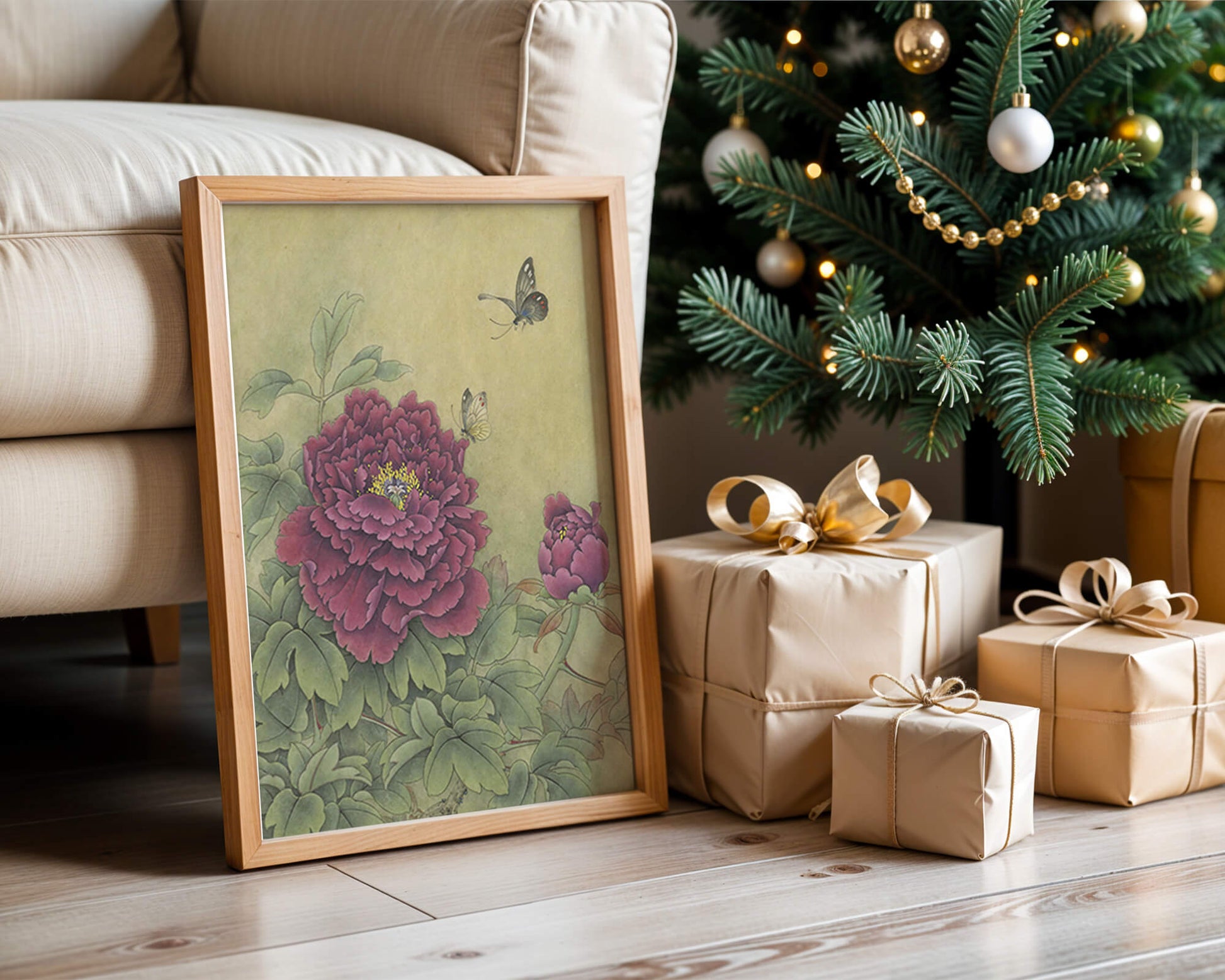 Delicate peonies with butterflies in a serene natural setting