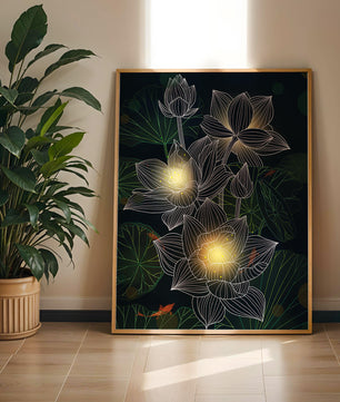 Beautiful lotus flowers with glow effect and koi fish - Mi tienda