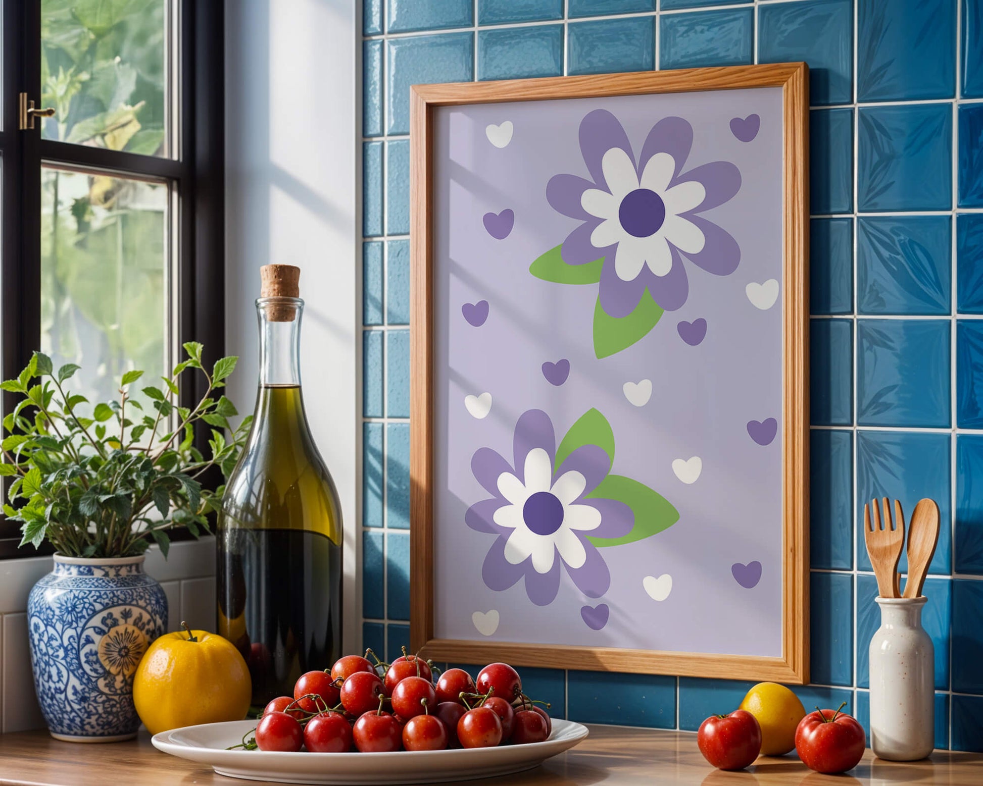 Elegant purple floral pattern with green leaves and heart accents