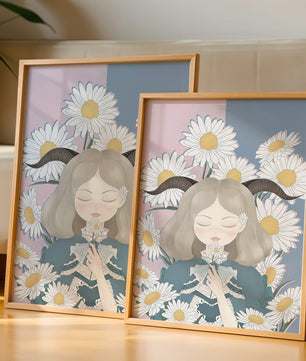 Ilustración de una niña con margaritas y cuernos sobre un fondo pastel
