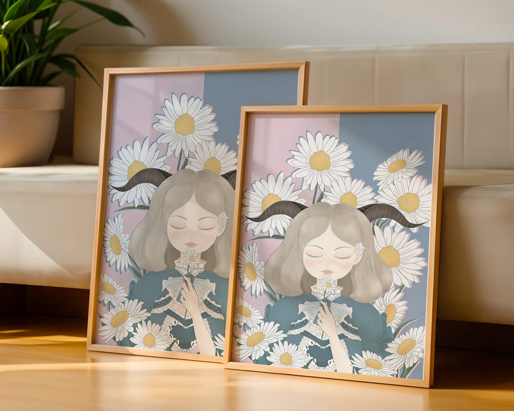 Illustration of girl with daisies and horns on a pastel background