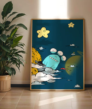 Playful Alien Illustration with Space Background and Stars - Mi tienda