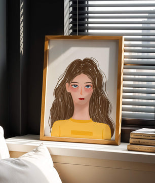 Illustrated portrait of a woman with long brown hair and expressive eyes
