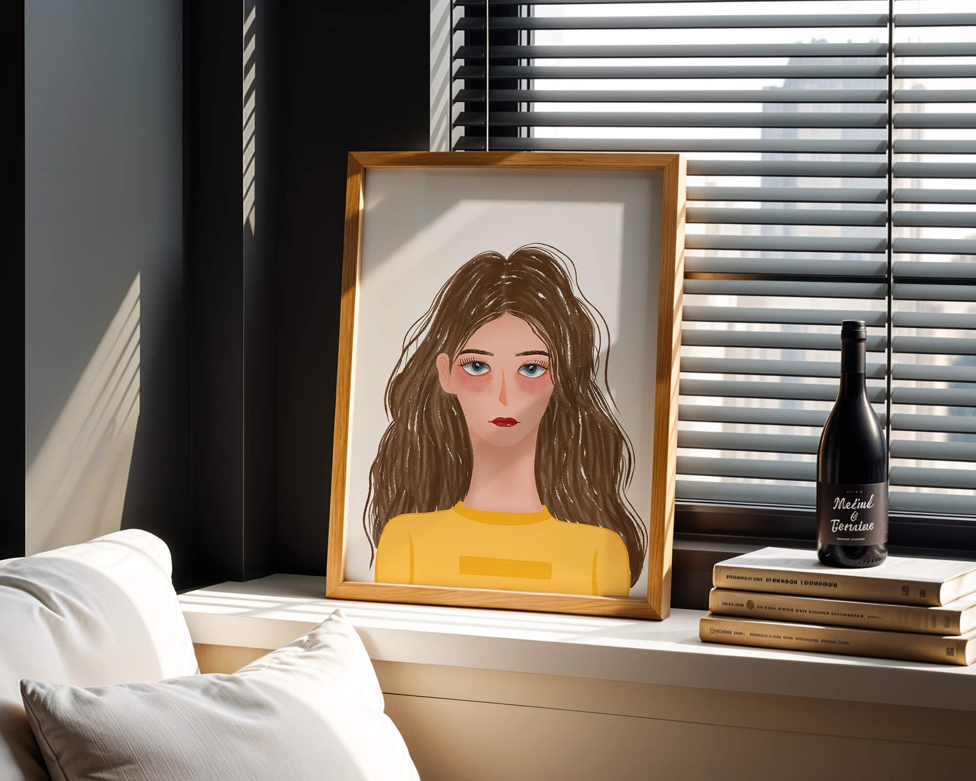 Illustrated portrait of a woman with long brown hair and expressive eyes
