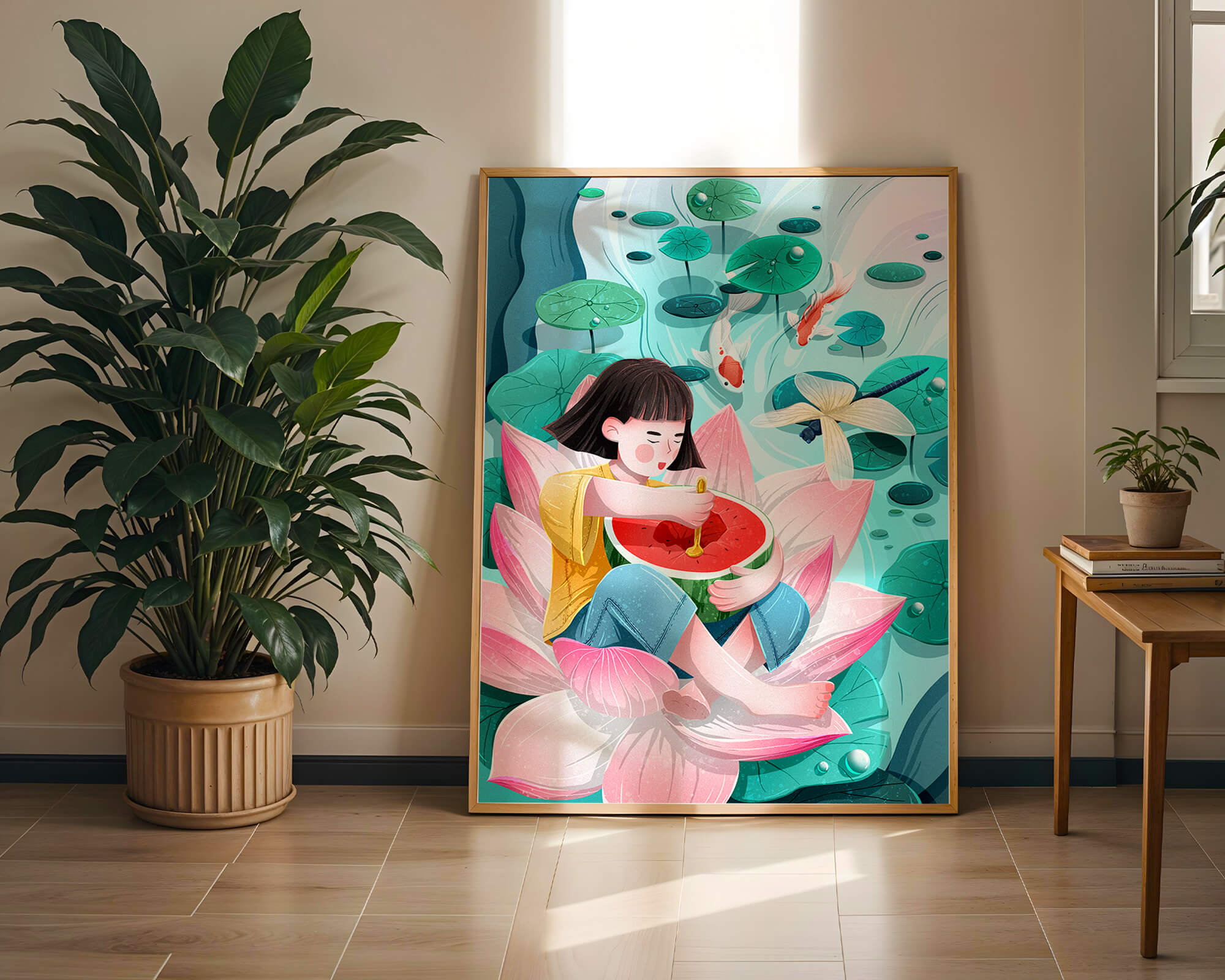 Serene illustration of child with watermelon on lotus flower