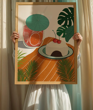 Tropical Dessert with Cherries and Refreshing Drink Under a Parasol