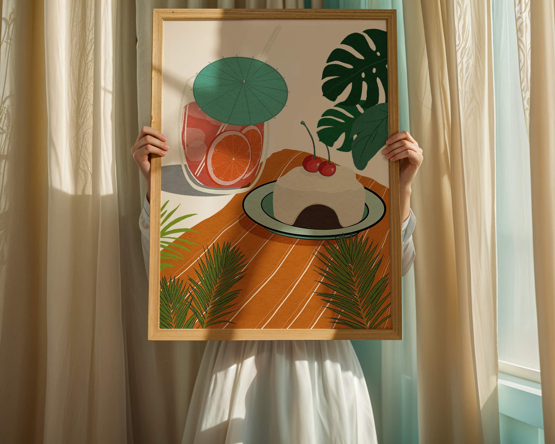 Tropical Dessert with Cherries and Refreshing Drink Under a Parasol