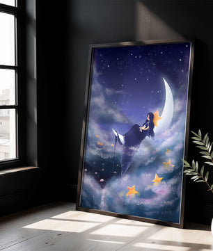 Cielo nocturno soñador con una niña sentada en una luna creciente rodeada de estrellas