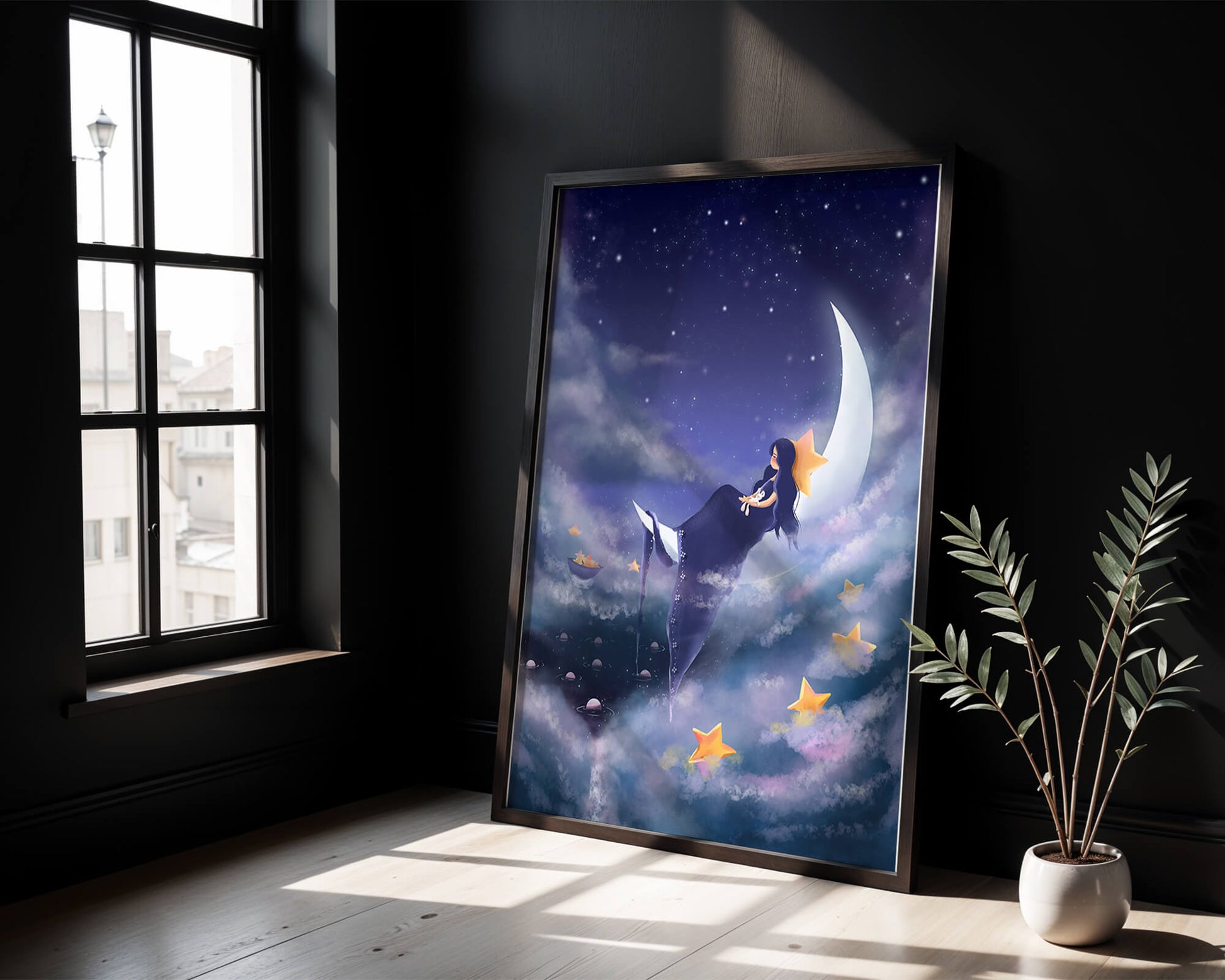 Dreamy night sky with girl sitting on crescent moon surrounded by stars