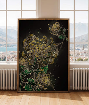 Œuvre élégante de chrysanthèmes dorés et verts sur fond sombre