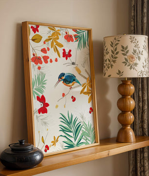 Oiseaux et feuillages colorés dans un décor botanique tropical