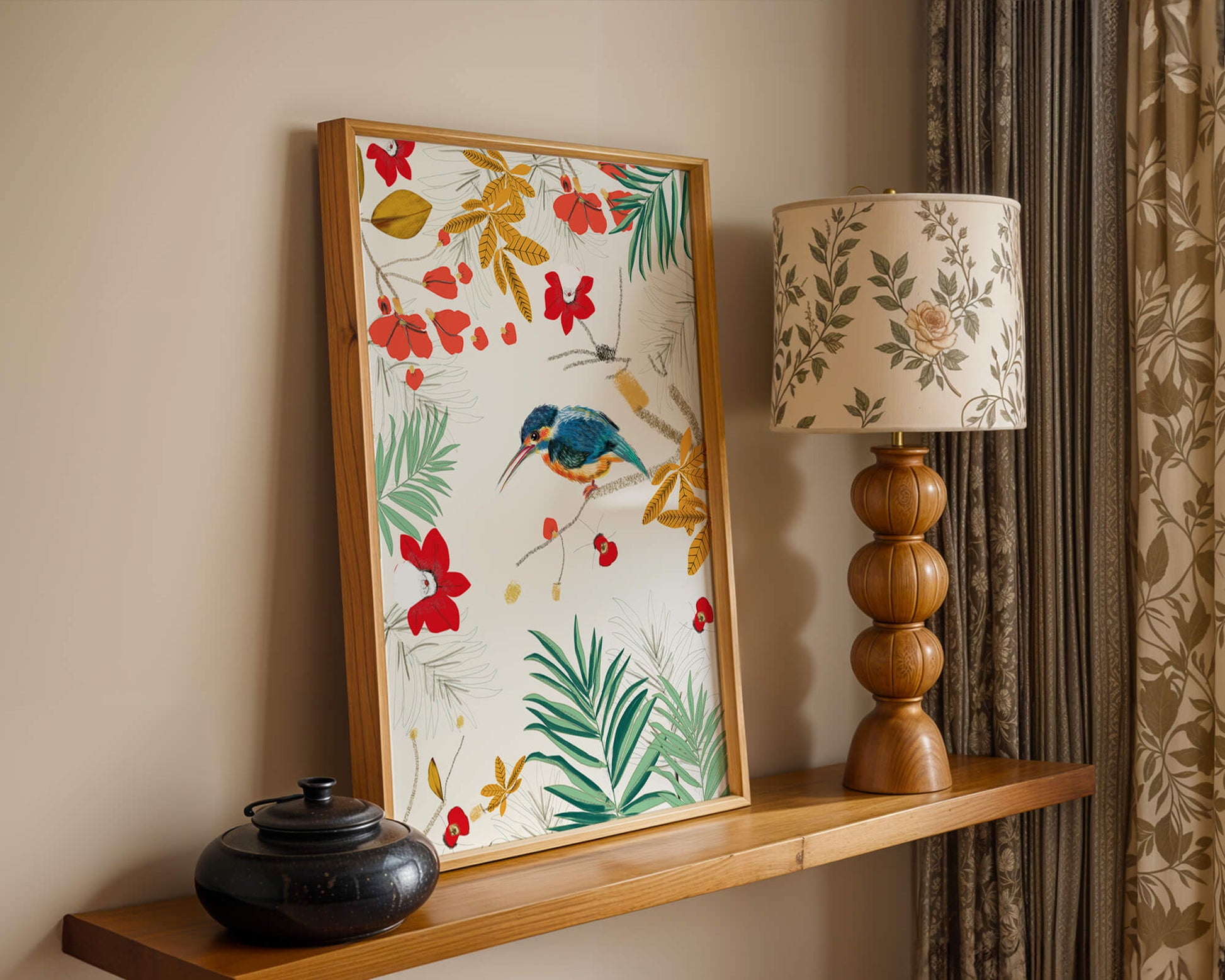 Oiseaux et feuillages colorés dans un décor botanique tropical