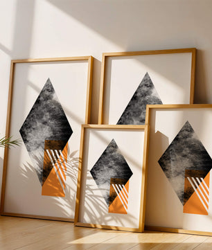 Abstract Geometric Composition with Orange Triangle and Cloudy Pattern - Mi tienda