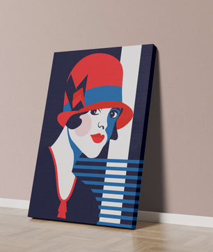 Femme élégante de style art déco avec chapeau cloche rouge et motifs géométriques