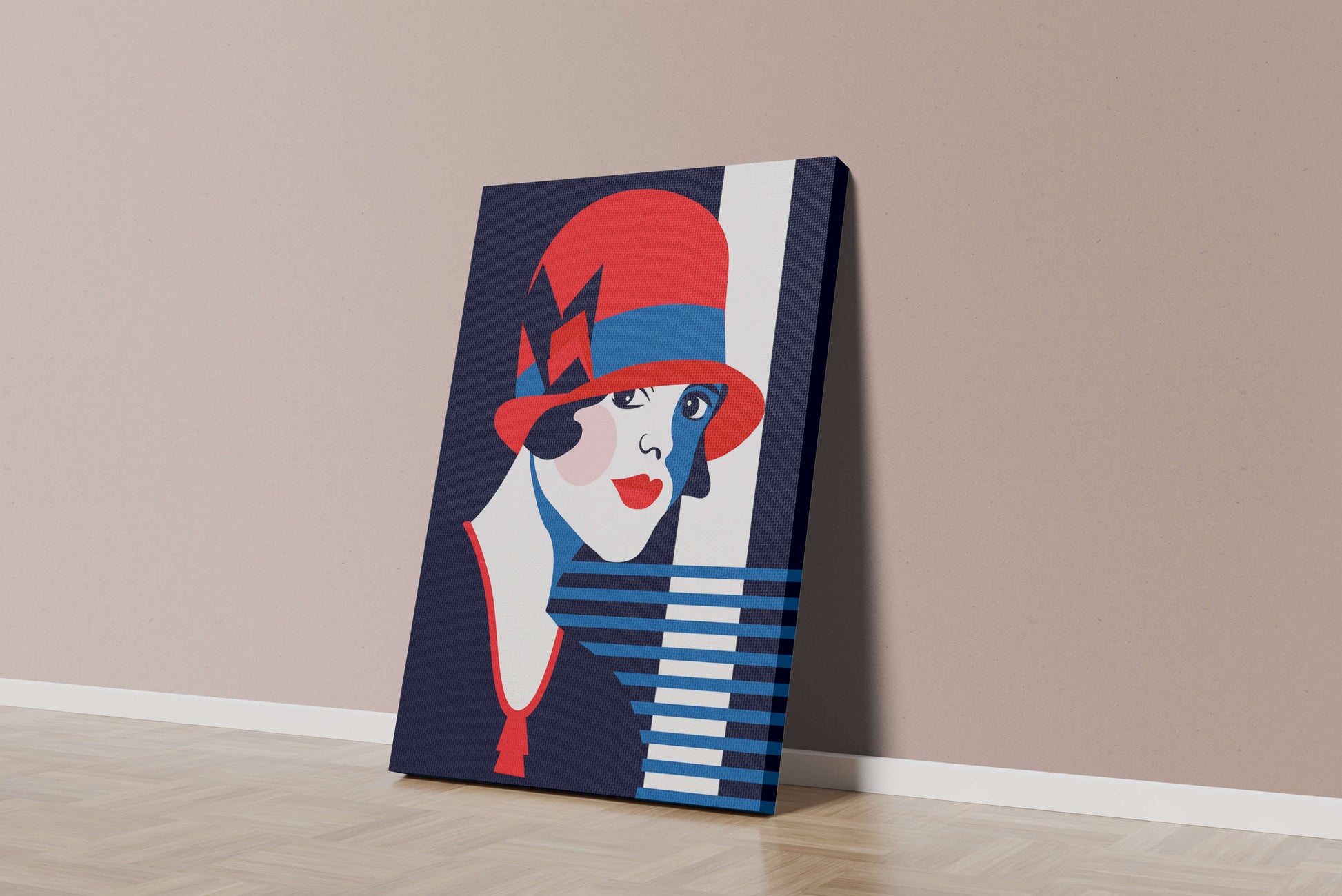 Elegante mujer de estilo art déco con sombrero cloche rojo y patrones geométricos.
