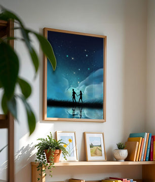 Pareja romántica paseando bajo la noche estrellada con reflejos celestiales