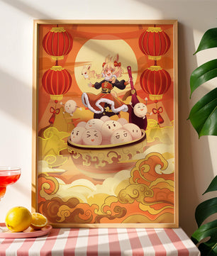 Charming festive fantasy illustration featuring lanterns and playful characters