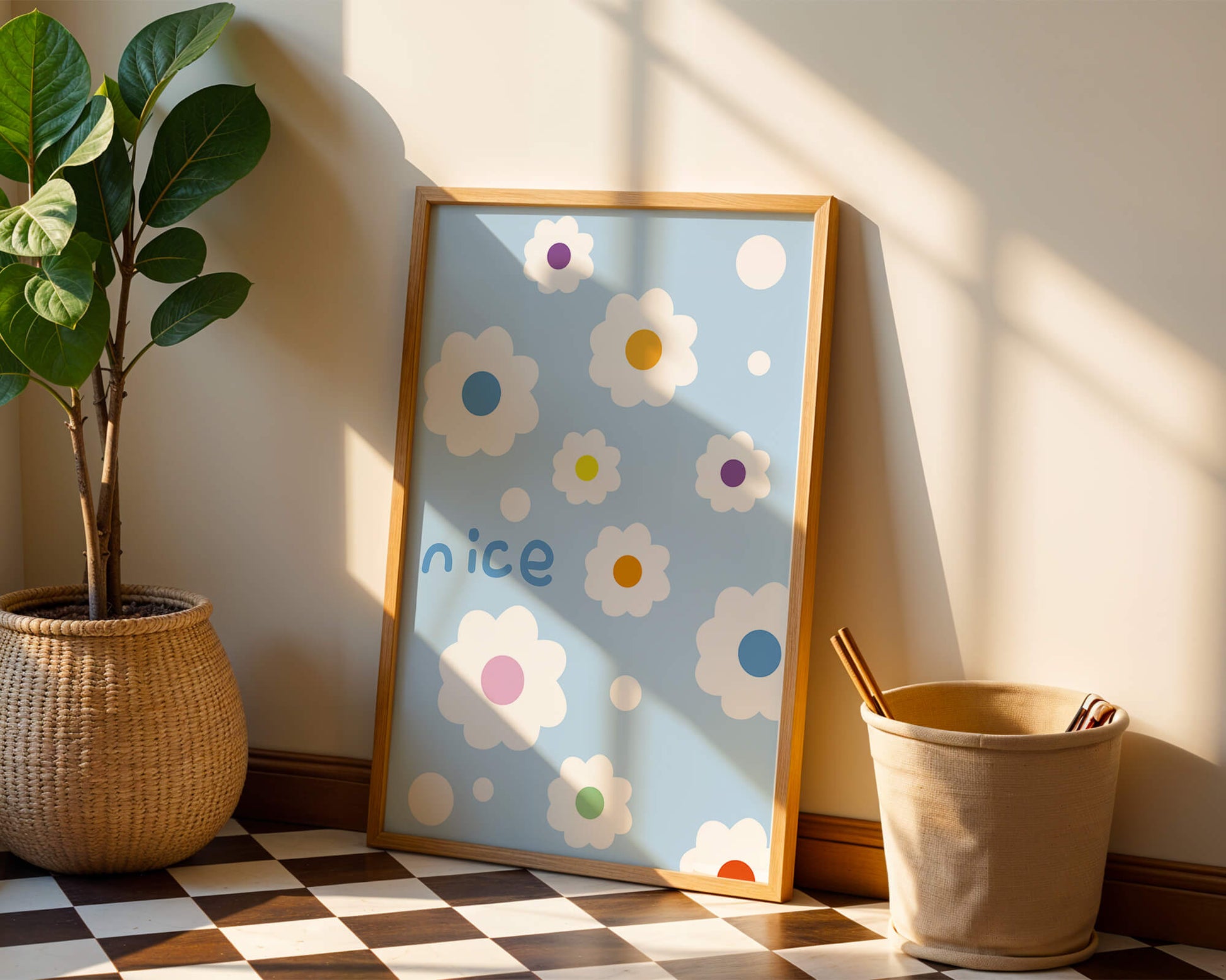 Pastel floral pattern with colorful centers on a blue background