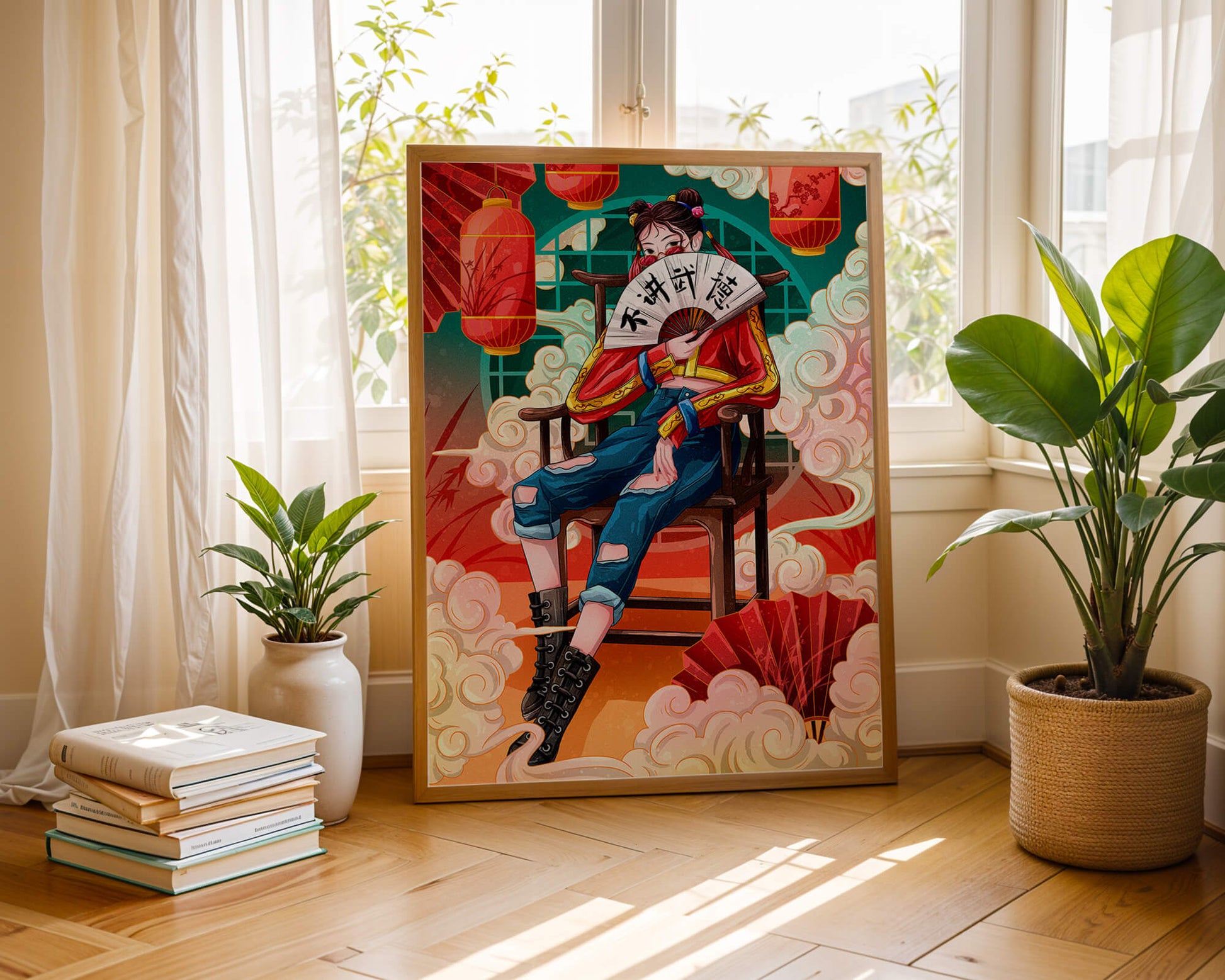 Female character with fan in colorful oriental setting