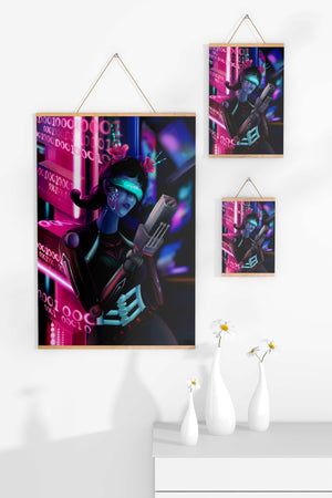 Futuristic Cyborg Woman in Digital Neon Landscape - Mi tienda