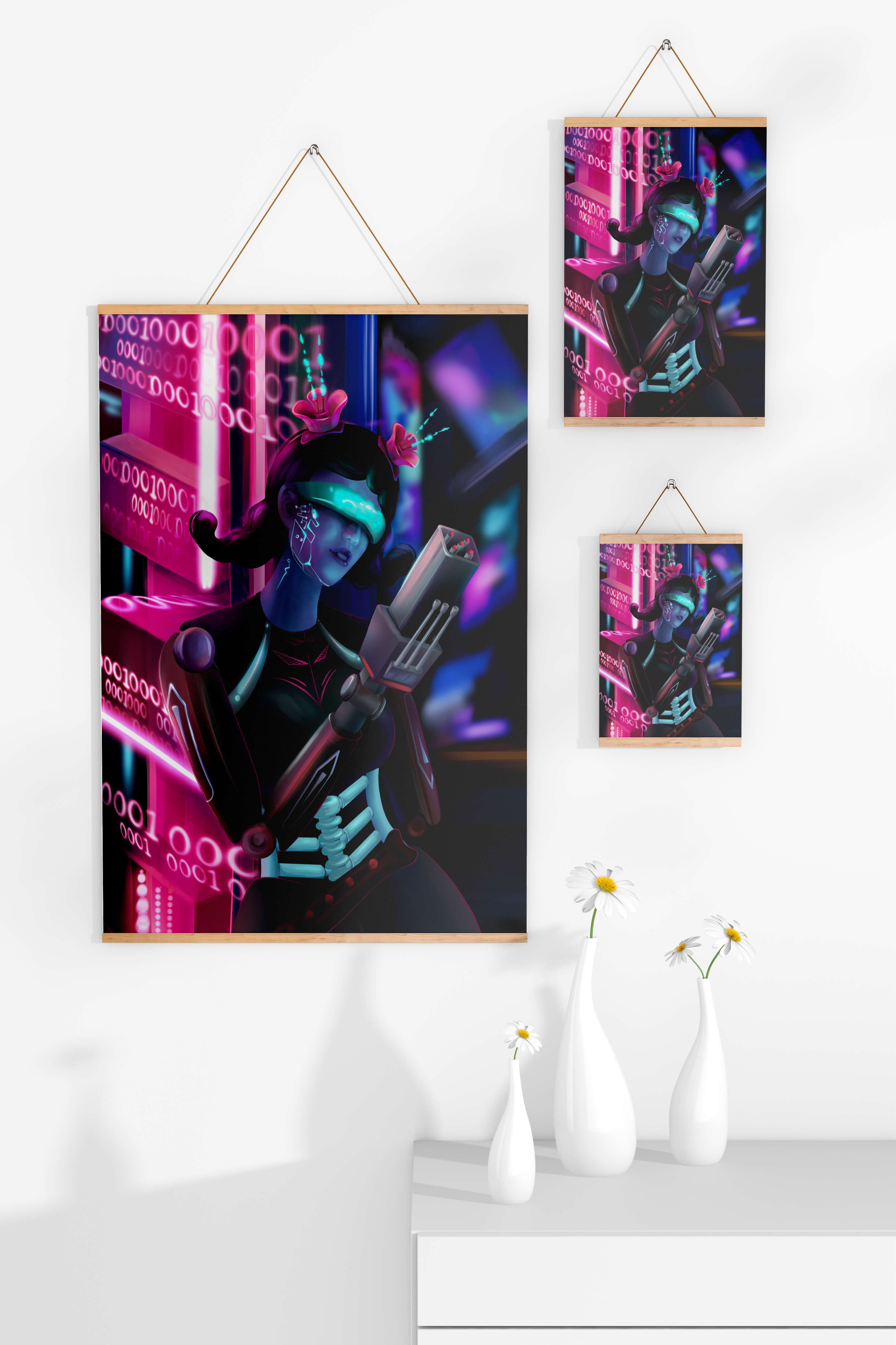 Futuristic Cyborg Woman in Digital Neon Landscape - Mi tienda