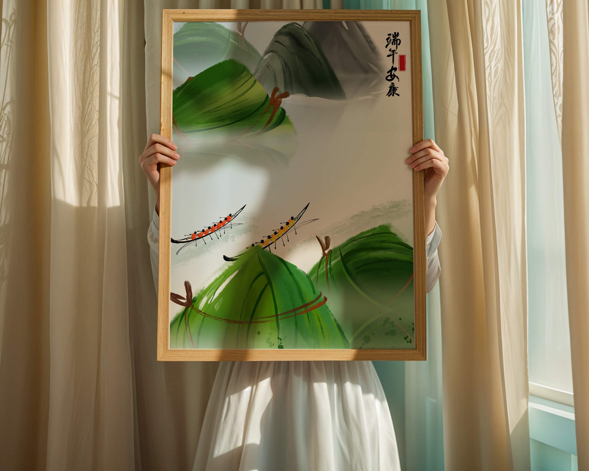 Ilustración del Festival del Barco Dragón con albóndigas de arroz tradicionales y barcos dragón