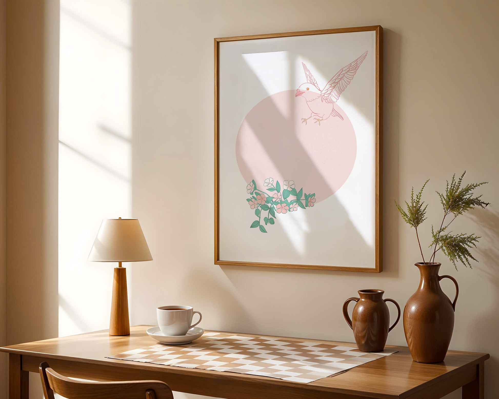 Pájaro pastel con elementos florales en estilo minimalista