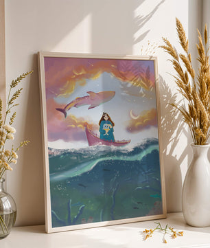 Illustration fantaisiste d'une fille sur un bateau avec une baleine volante
