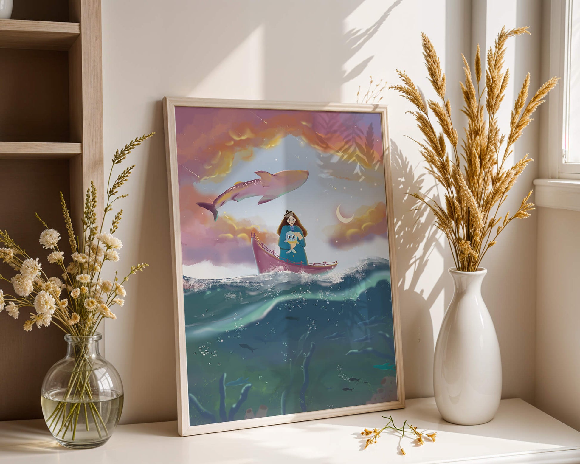 Whimsical illustration of a girl on a boat with a flying whale