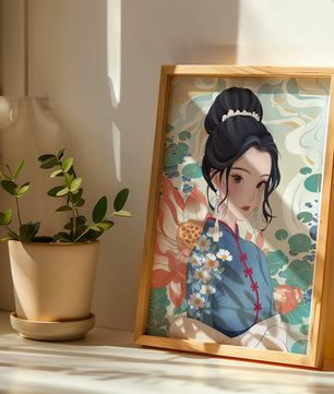 Una mujer elegante con vestido tradicional oriental con patrones florales y flores de loto