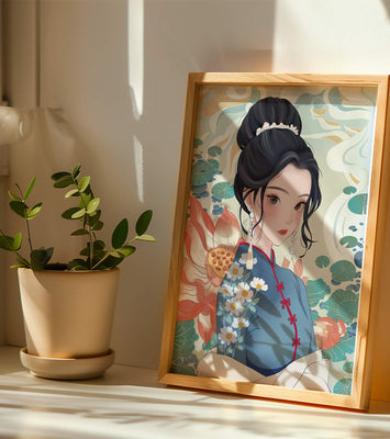 An Elegant Woman in Traditional Oriental Dress with Floral Patterns and Lotus Flowers
