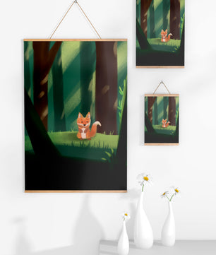 Charmante Illustration eines niedlichen Fuchses in einer ruhigen Waldlandschaft