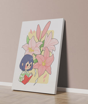 Illustration d'une fille lisant avec de grands lys roses en arrière-plan